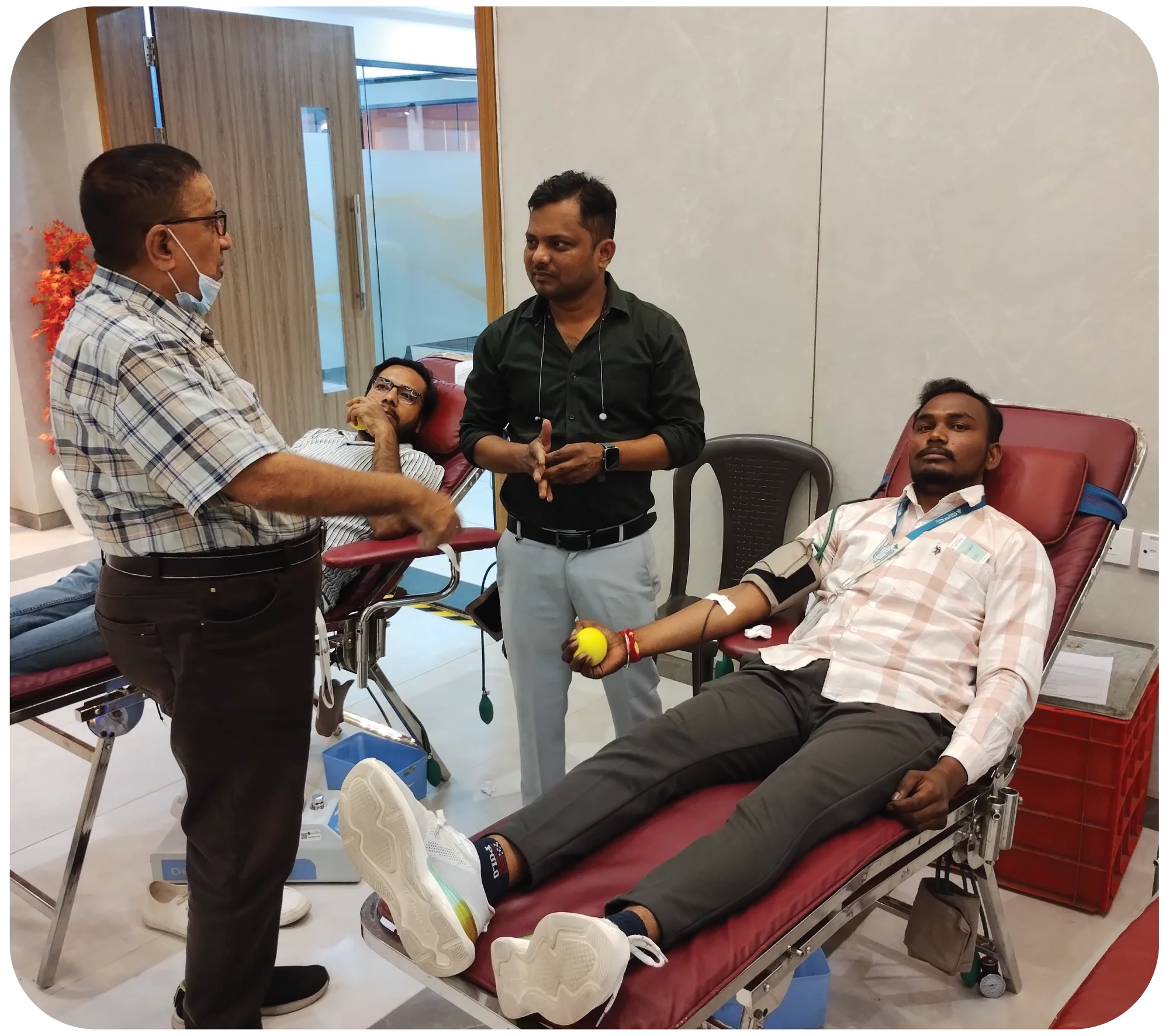 Doctor monitoring donor lying on bed during blood donation